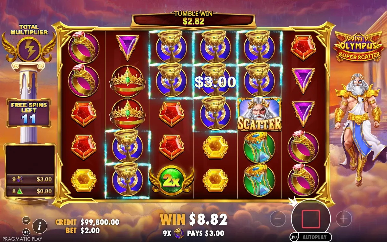 Frispel visar Tumble Win $2.82, vinsten $3.00 och total vinst $8.82 vid 9x multiplikator, 11 frispel kvar.