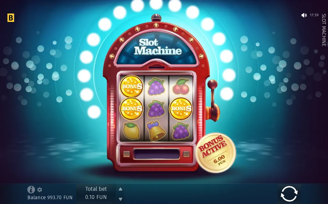 Röd spelautomat med Bonus Active-märke, tre bonusmynt i rutnätet och saldo 993.70 FUN vid insats 0.10 FUN.