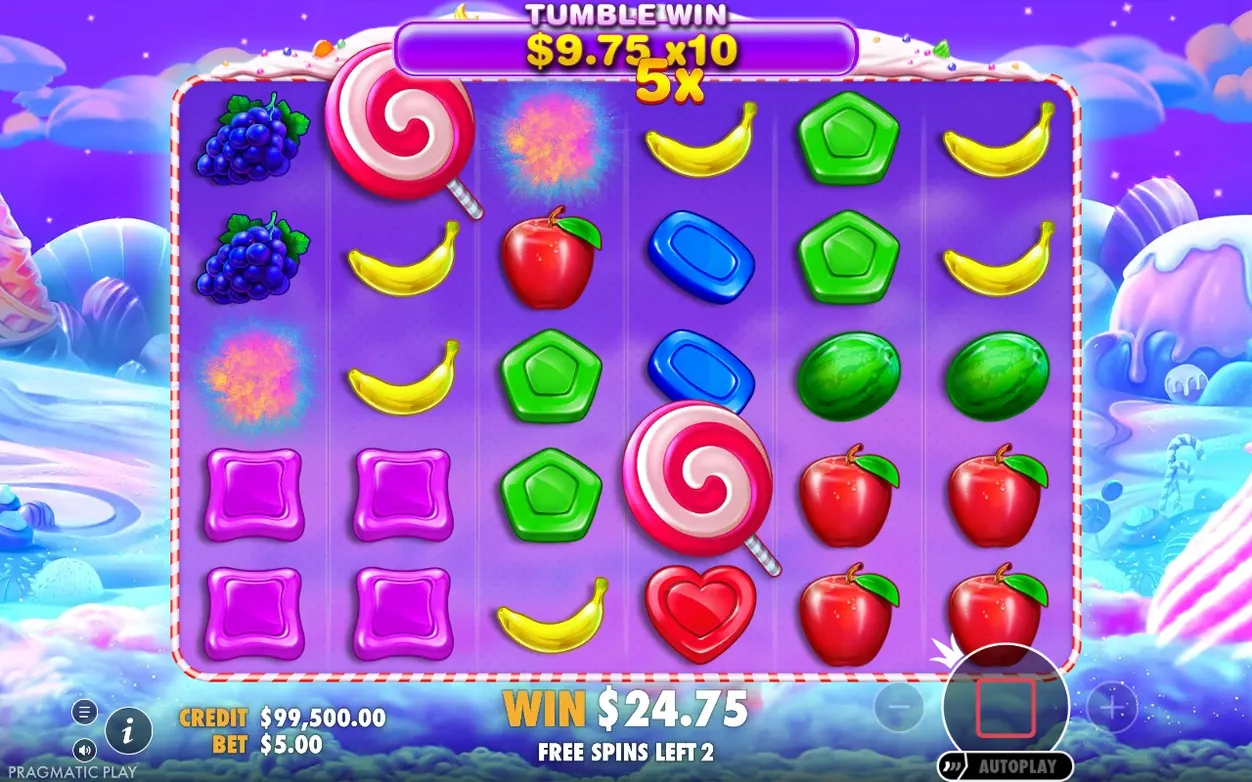 Tumble Win-ruta visar $9.75 x10 och 5x multiplikator, vinst $24.75, 2 free spins kvar.